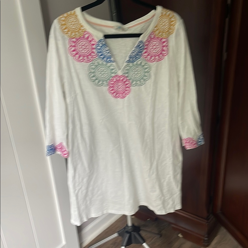 Boden White Pink Embellished 3/4 Sleeve Tunic